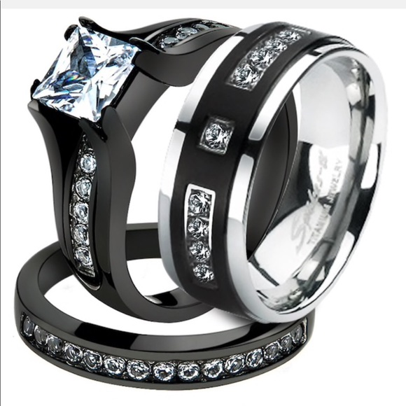 Jewelry - His & Her Black Plated Stainless Steel Bridal